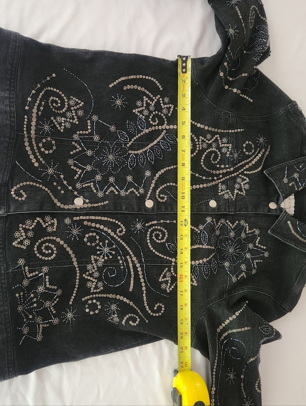 Susan Bristol Black Denim Jacket w Floral Paisley Beaded Sequins - Picture 4 of 16